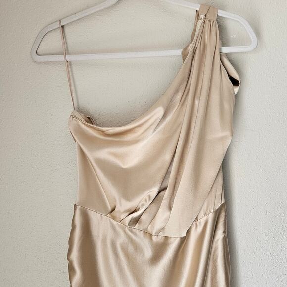 RETROFÊTE Nadia One-shoulder Ruched Stretch-Silk Satin Mini Dress Sz L Champaign - Picture 8 of 14